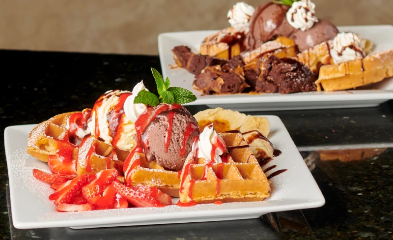 East Meets West and Chocolate Divine dessert waffles with ice cream, fruit and chocolate at Symposium Cafe