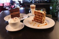 ontario restaurants amazing dessert, carrot cake, chocolate cake served with cappuccino latte coffee at symposium cafe