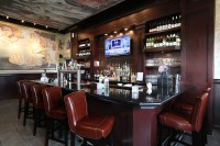 restaurant bar lounge leather stools ceiling art detail
