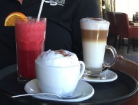 coffee latte and refreshing fruit drink