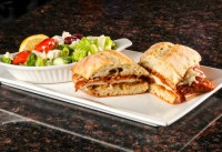chicken parmesan sandwich, salad, restaurant lunch