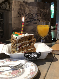 ontario restaurants dessert, take-out carrot cake birthday celebration at symposium cafe