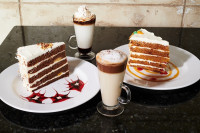 ontario restaurants dessert, dessert cake slices nicely decorated served with coffees at symposium cafe