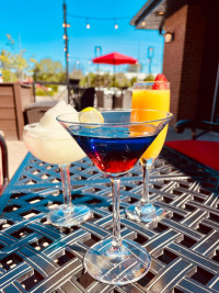 cobourg restaurant patio martini cocktails, a mimosa and layered martini at symposium cafe