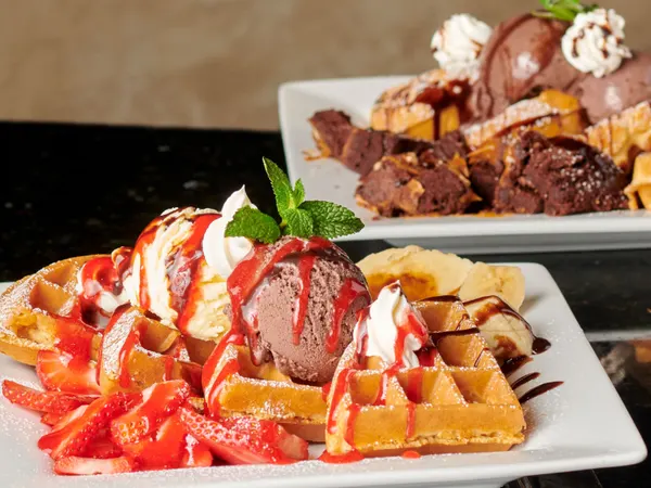 Thornhill dessert place serving gourmet Belgian waffles with ice cream, strawberries and chocolate at Symposium Cafe Res