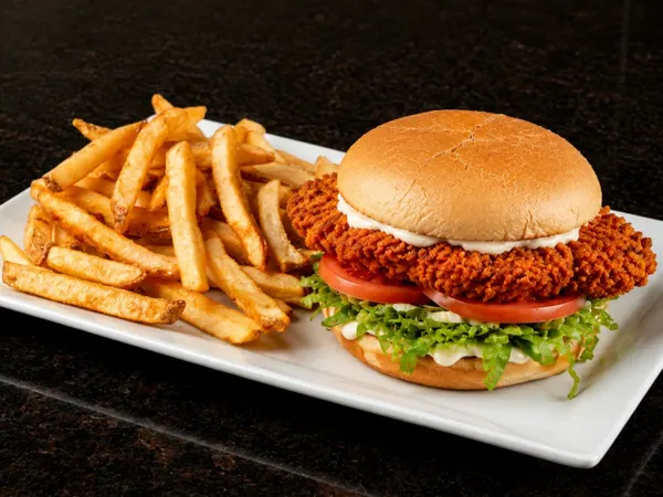 Some of Thornhill’s best lunch specials with crispy chicken sandwich and fries at Symposium Cafe Restaurant