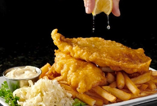 Haddock fish filets with chips at Symposium Restaurant Ancaster