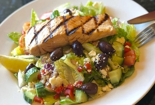 Mediterranean Salad with Grilled Salmon at Symposium Bolton