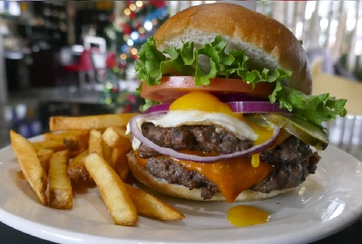 Brunch Burger with fries and fried egg topping at Waterloo Restaurant