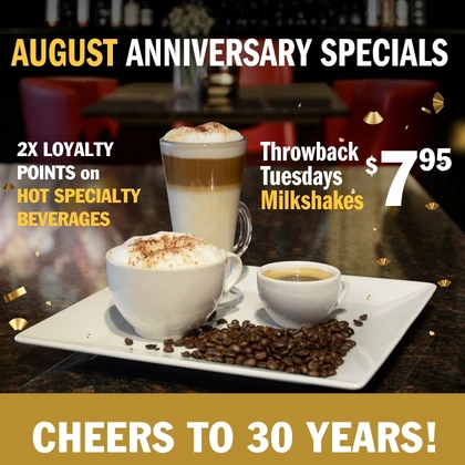 Symposium Cafe Restaurant 30th Anniversary Rewards featuring appetizers, specialty lattes and refreshing lemonades.