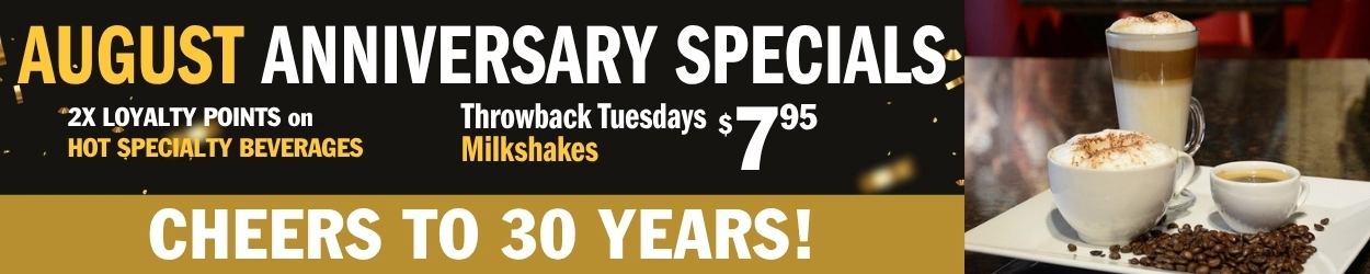 Symposium Cafe Restaurant 30th Anniversary Rewards featuring appetizers, specialty lattes and refreshing lemonades.