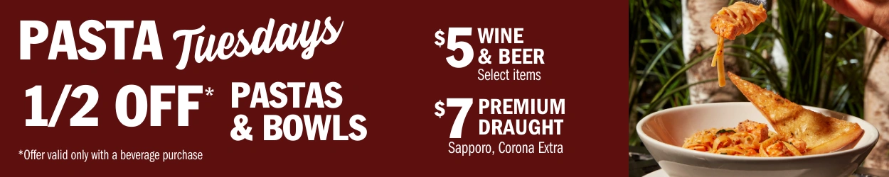 Tuesday Pasta Bowls half price at Symposium Cafe