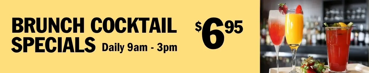 Weekend brunch cocktail specials with mimosas and Caesars at Symposium Cafe Restaurants